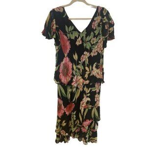 Lola P. New York Flutter sleeve Black floral tiered beaded mid dress L Rayon